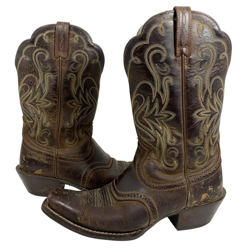 ARIAT 15834 Legend Square Toe Brown Leather Green INT Pull On Western Boots SZ 8